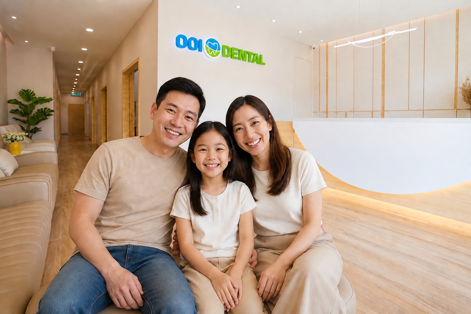 A father, mother and their young daughter sitting together in the OOI Dental Taman Lagenda waiting area, under the lit clinic wordmark