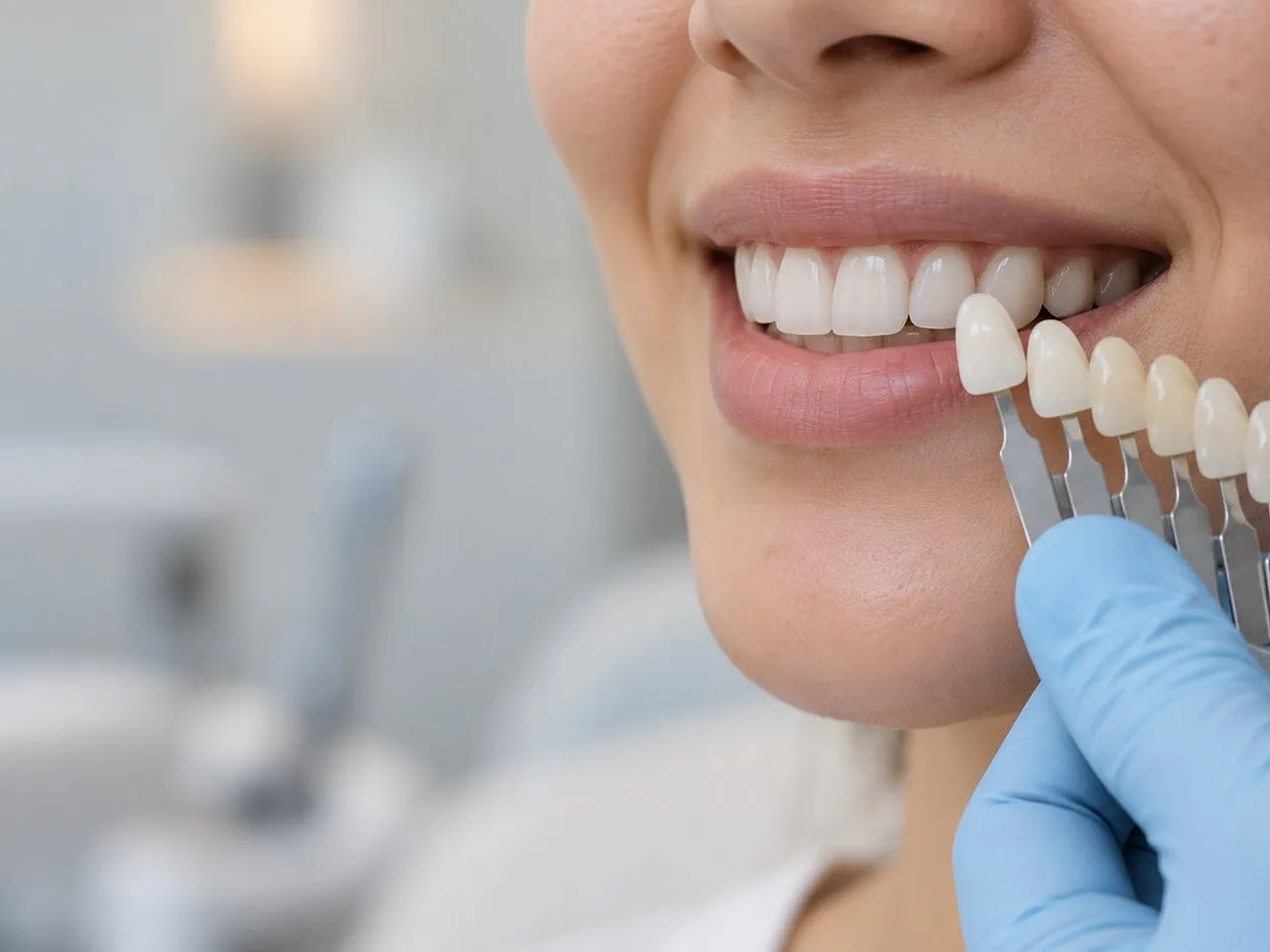 A gloved hand holding a tooth shade guide beside a patient’s smile