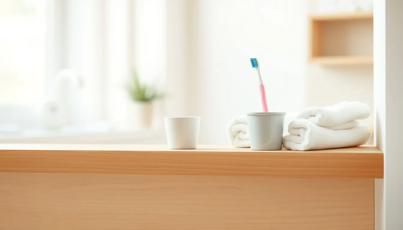 A child's toothbrush, a cup and folded towels on a wooden shelf