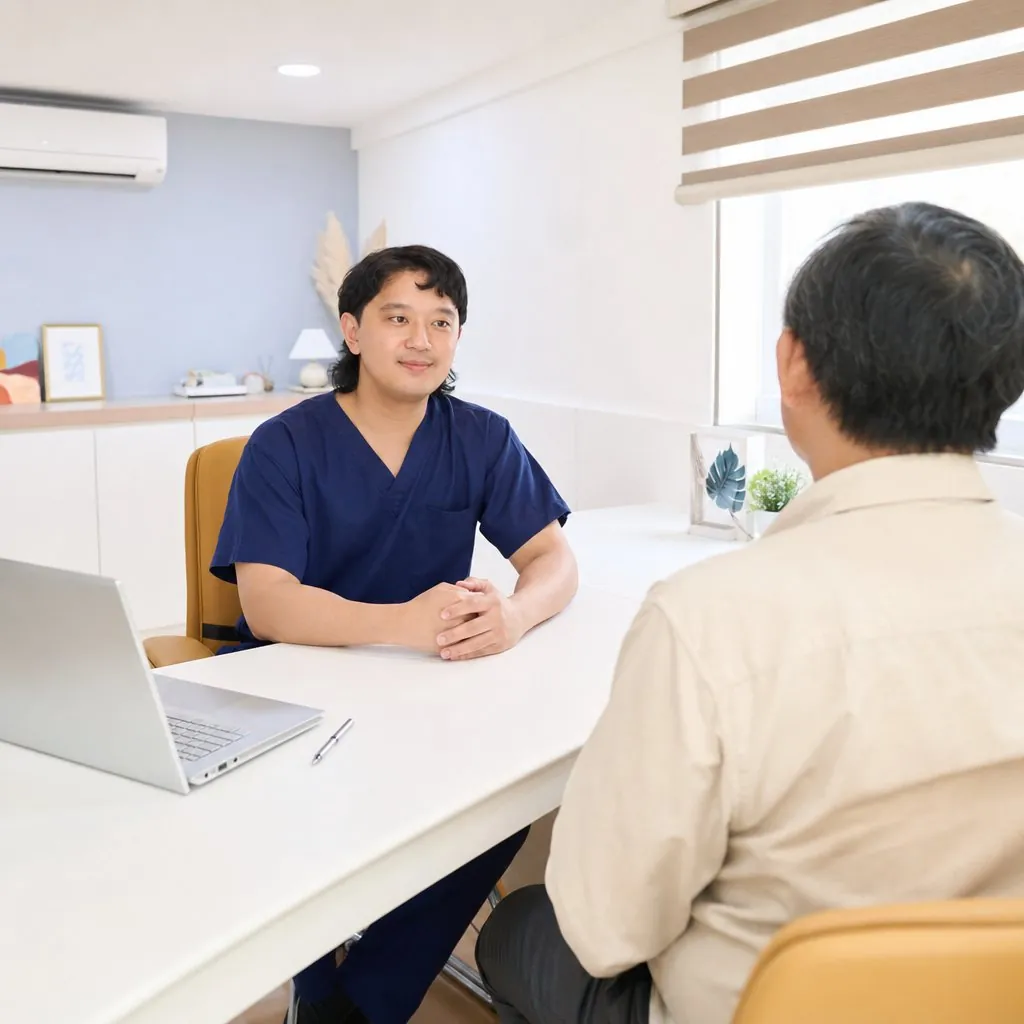 A dentist listening to a patient across the consulting desk