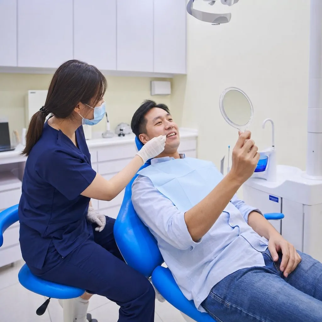 A dentist checking a patient's teeth at a routine review