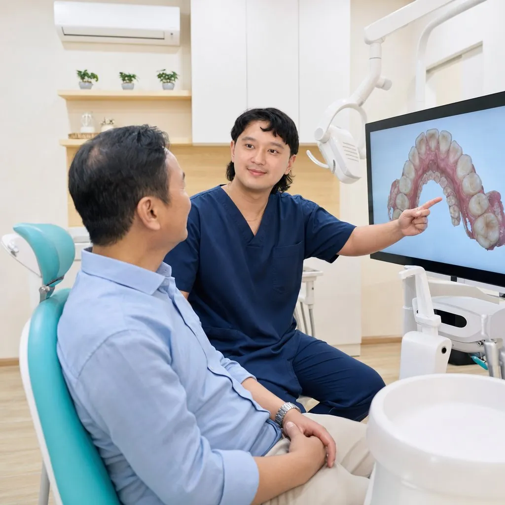 A dentist and patient looking at a scan of the teeth on screen