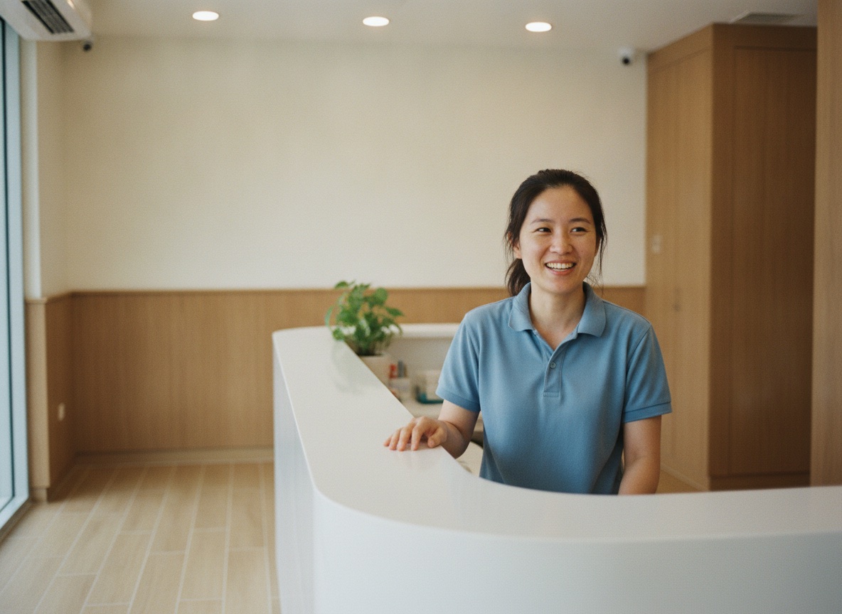 A dental clinic reception counter, with a receptionist in a blue polo shirt smiling as she speaks with someone across the desk