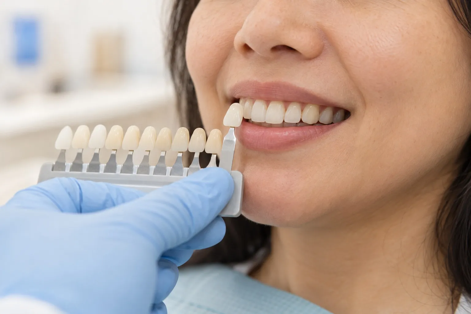 A gloved hand holding a tooth shade guide beside a patient&rsquo;s smile