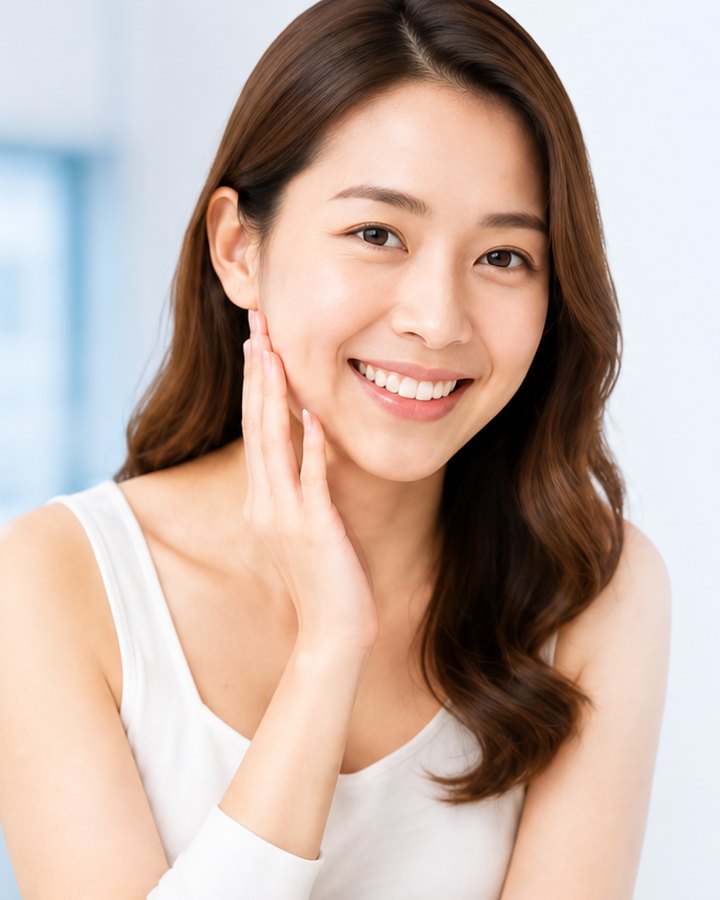 A woman resting her hand near her cheek, smiling in daylight