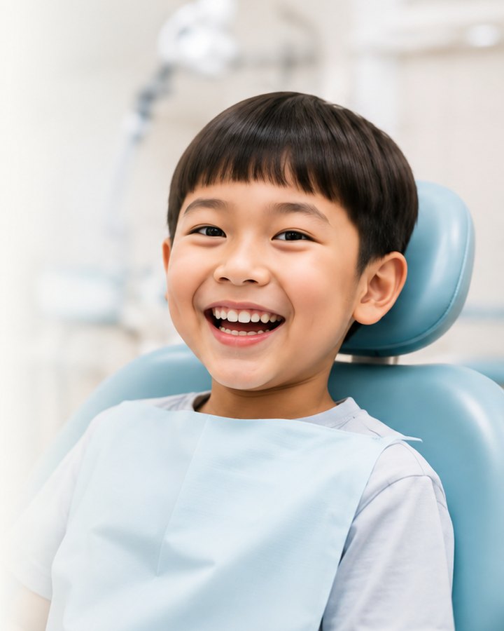 A young boy laughing in the dental chair