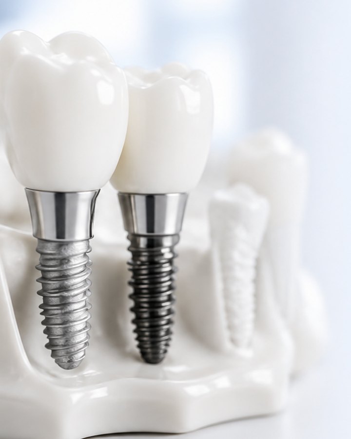 A dental implant model showing two titanium posts set into the jaw